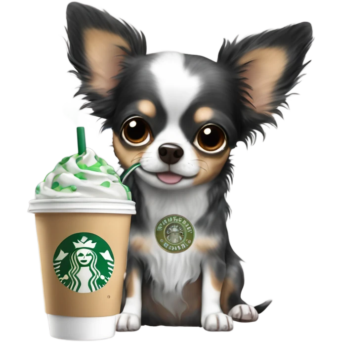 Black dapple fluffy Merle long hair chihuahua drinking Starbucks  emoji