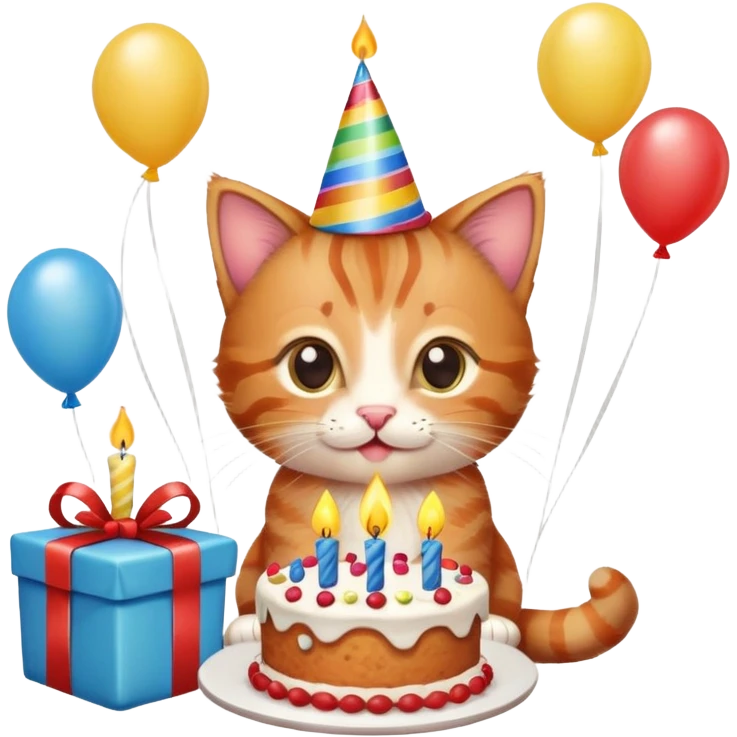 Ginger tabby kitten celebrates birthday, birthday hat, birthday cake, one candle, balloons, happy, gifts emoji