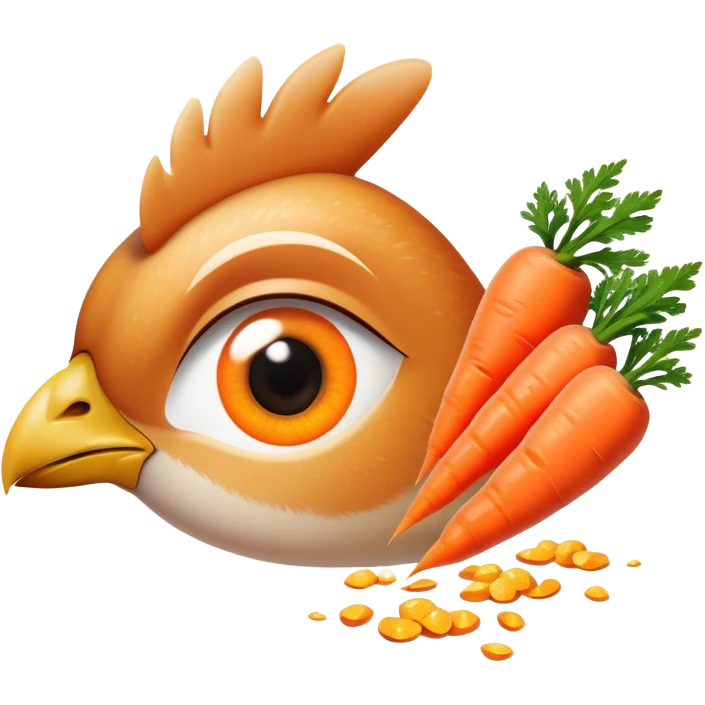 Chicken pieces and bright orange carrots with soft golden particles flowing toward a normal-looking eye and smooth skin. The design shows how vitamin A from both animal and plant sources contributes to eye and skin health in a friendly, non-threatening way. emoji