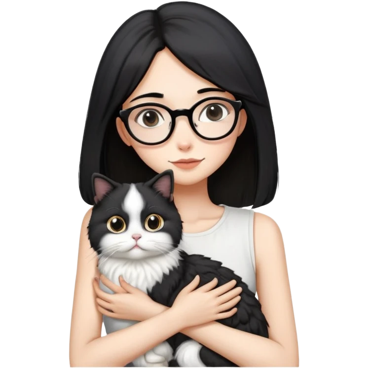 Skinny woman with oval glasses, shoulder length straight black hair, wearing white sleeveless top, hugging a Persian-Angora cat that's gray and white like Oreo cookies, plain background emoji