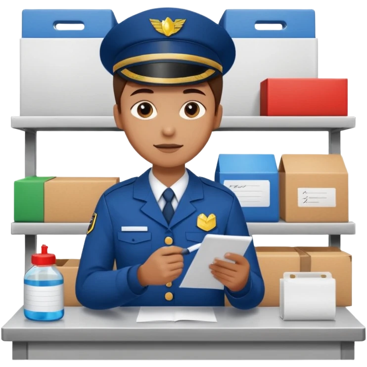 create a realistic emoji of a packaging station person with a protocol in his hand writing something down. emoji
