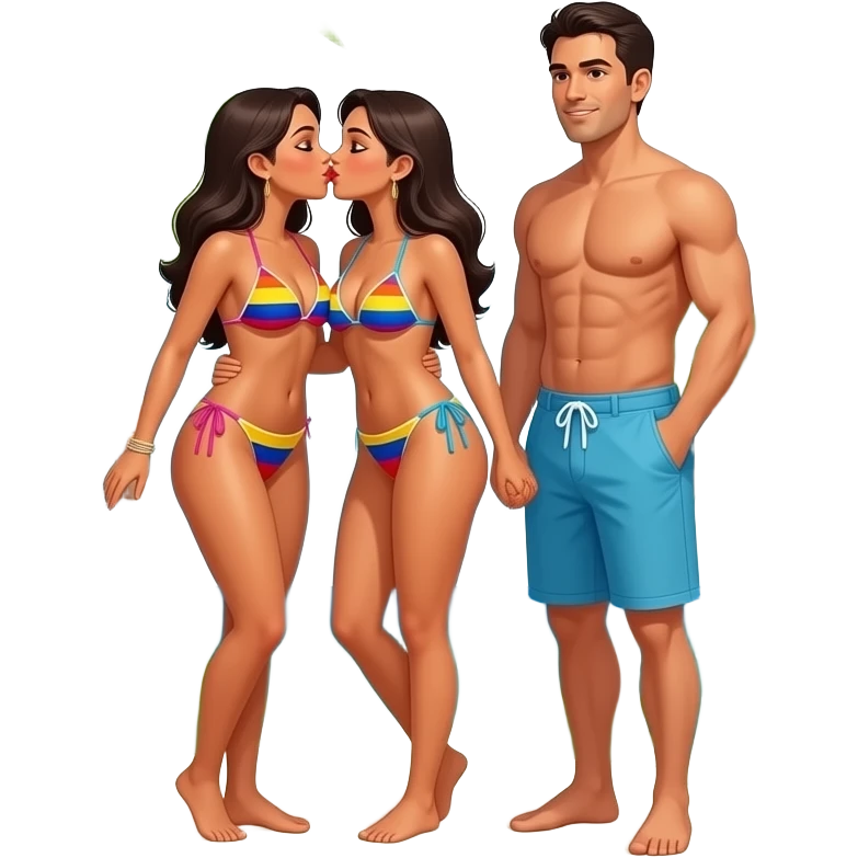 on tropical island Two lesbian colombian bikini women kissing and 1 man on a deserted island emoji