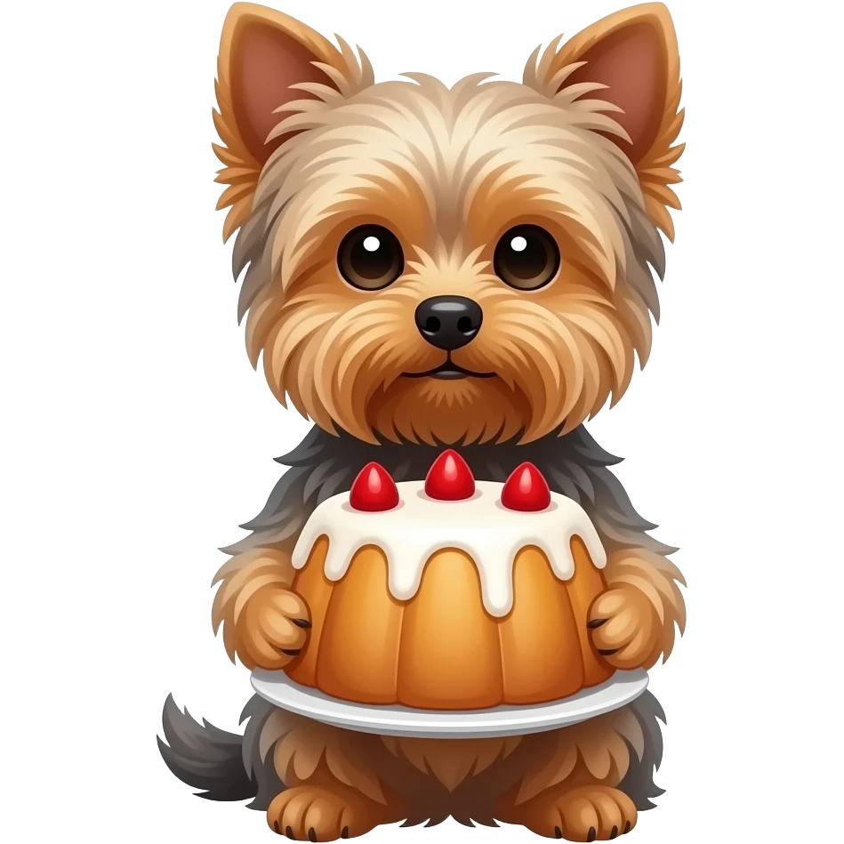 Yorkie dog sitting holding onto a bundt cake emoji
