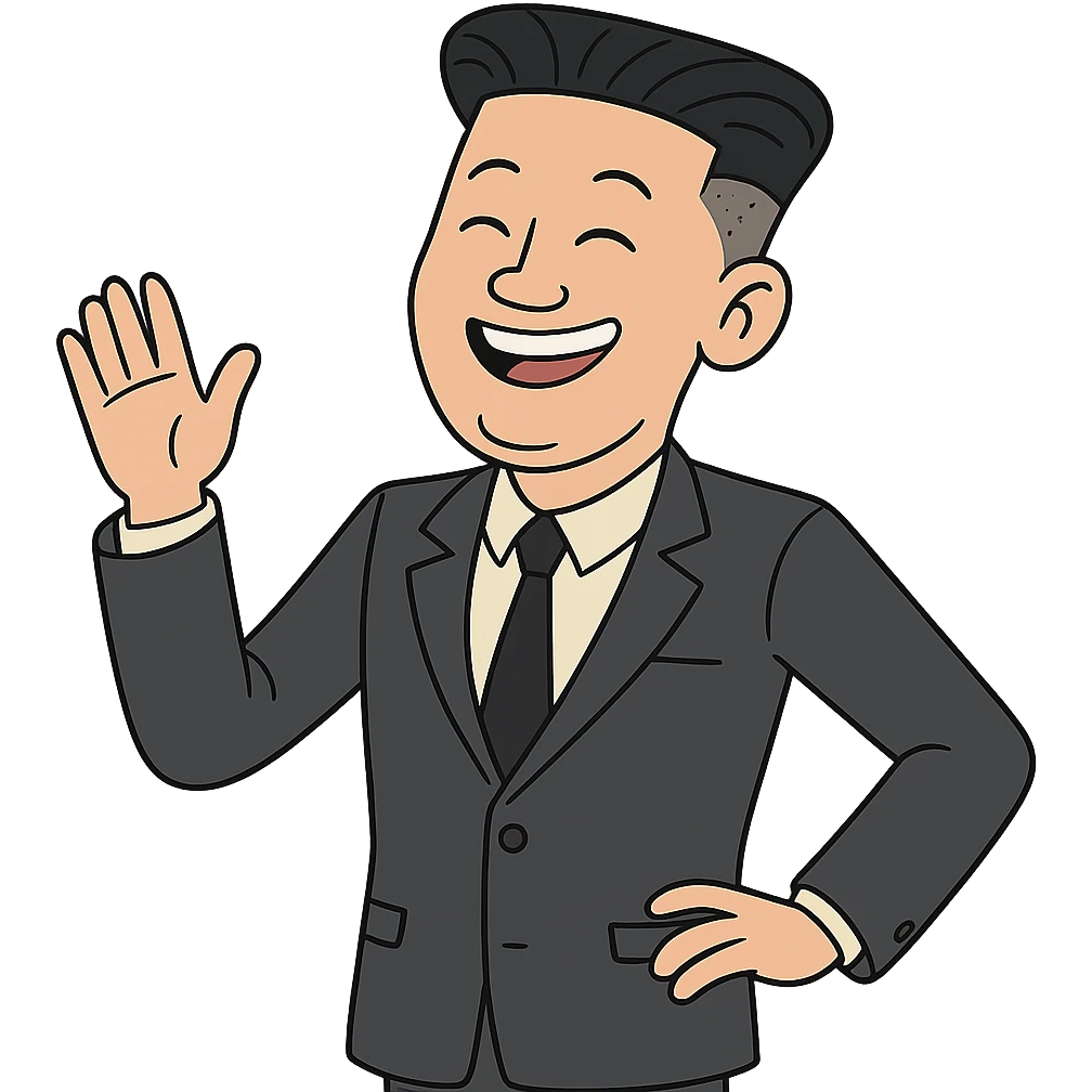 playful cartoon of slim Kim Jong Un, smiling, modern suit, recognizable hairstyle, lighthearted and humorous emoji