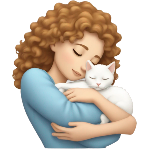 White girl light brown curly hair sleeping with white kitty emoji