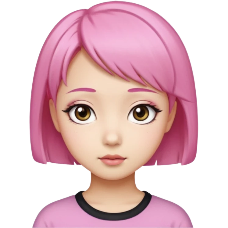 An Asian girl with pink short hair, big eyes, thick eyebrows, and long eyelashes;  emoji