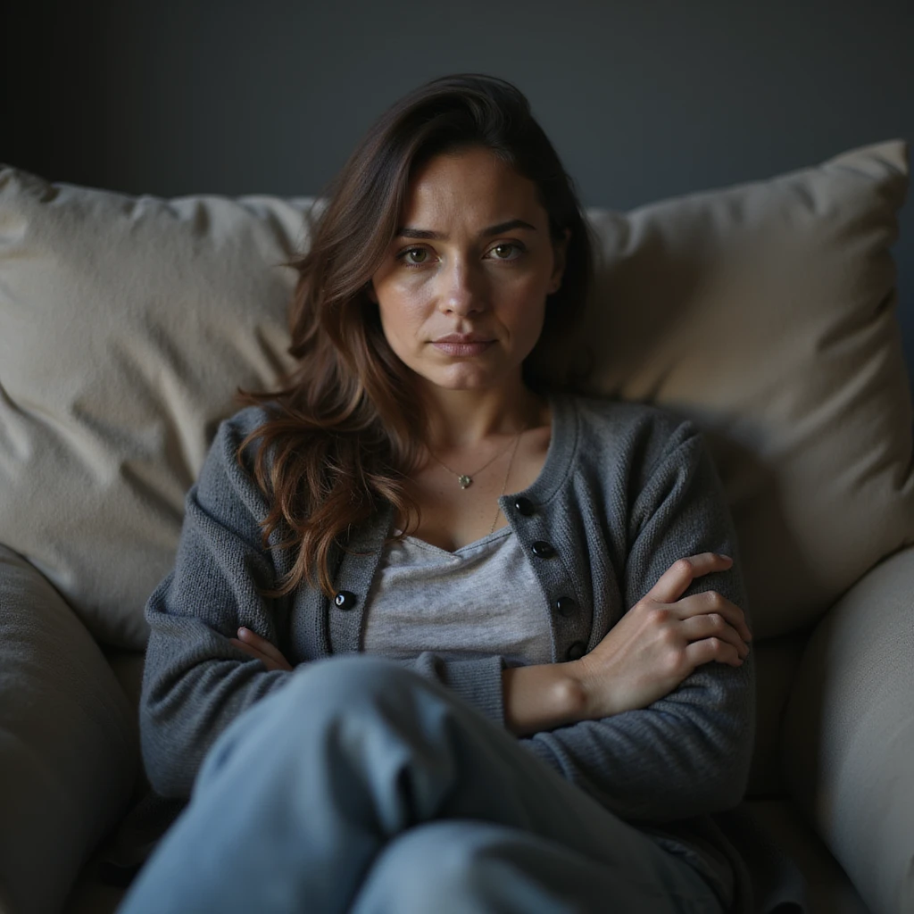 woman sitting on a sofa, tired face, dull eyes, marked dark circles, fatigued posture, comfortable clothing, hyperrealistic style, realistic details, 4K quality, domestic environment emoji