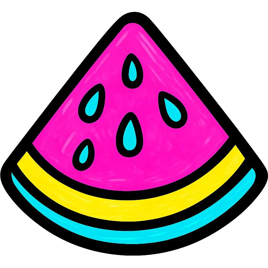 a juicy watermelon slice with seeds, bright and fun, pop colors style emoji