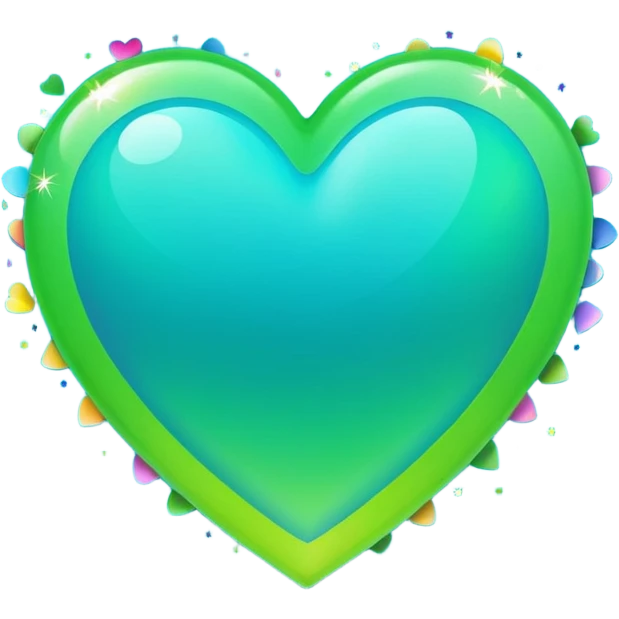 emoji: teal and neon green gradient heart with celebration confetti from behind. emoji