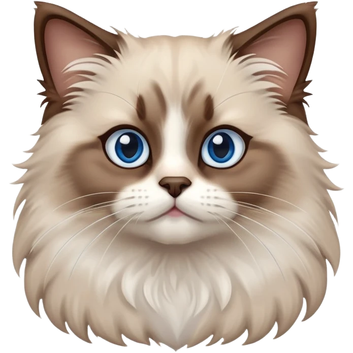 cinematic-fluffy-brown-ragdoll-cat-portrait-emoji,-head-tilted-cutely-with-big,-sparkling-blue-eyes,-soft-brown-and white-colored-fur-with-darker-points-on-the-ears,-face,-and-paws,-simplified-yet-irresistibly-adorable-features, emoji