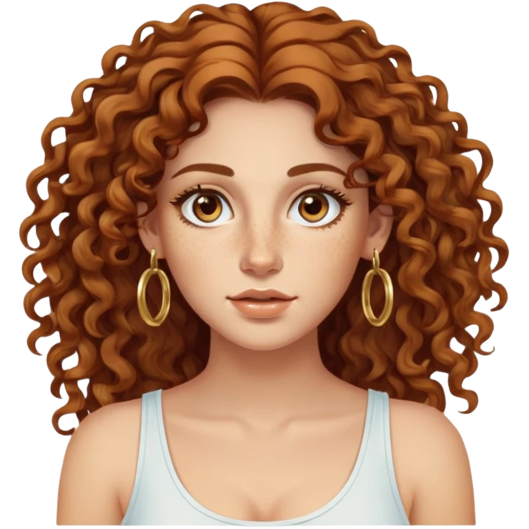 Attractive Greek woman with wide face, freckles, long curly amber-brown hair and gold hoop earrings emoji