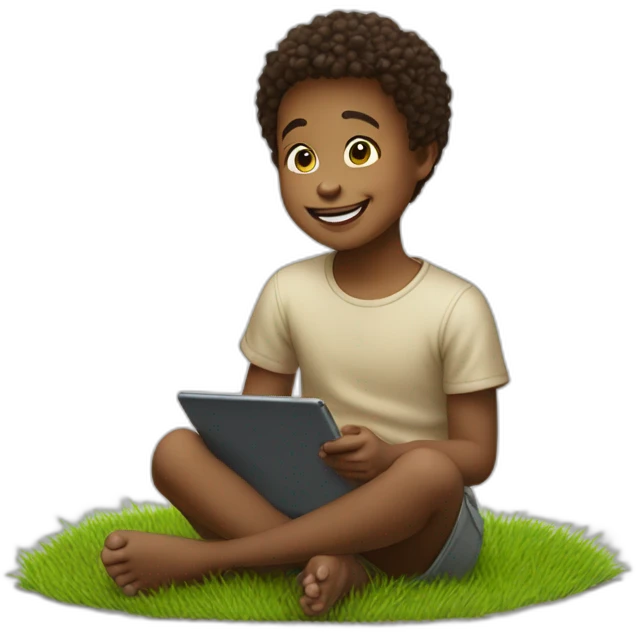 Portray the innocence of a child sitting on grass, captivated by a tablet, with a beaming happy face that radiates wonder and delighted. emoji