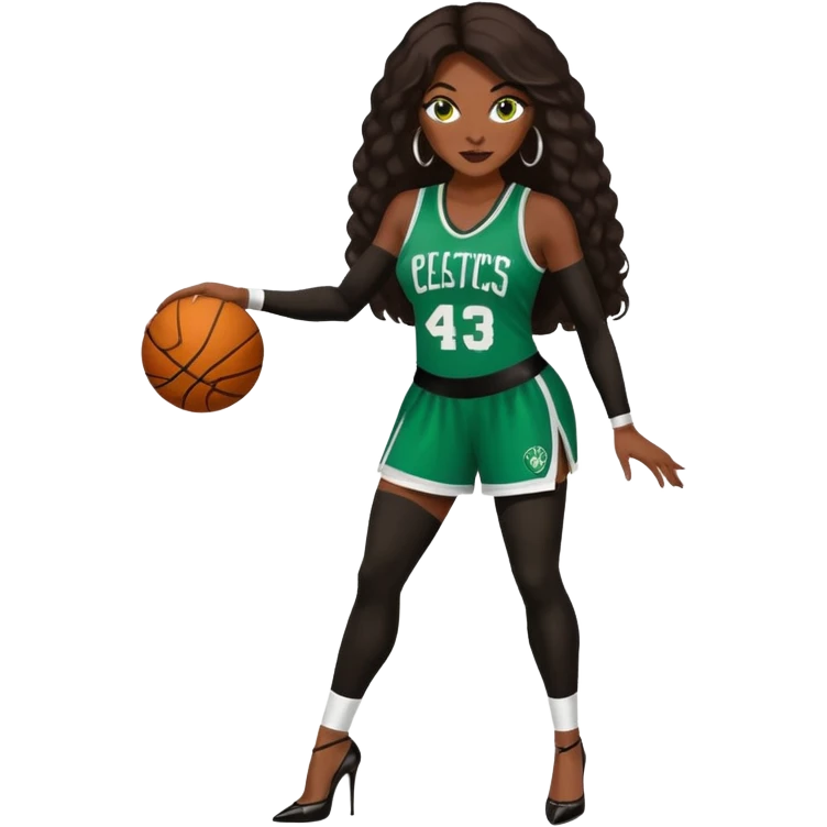 A 47-year-old dark black woman with brown eyes, long dark brown baylaige hair dressed in sexy 
celtics jersey costume outfit and stilettos  emoji