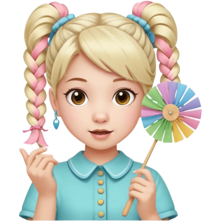 A pigtail girl in modern outfit using a pastel fan with playful expression. emoji