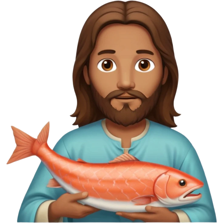 Jesus with long brown hair and a long beard holding a salmon emoji