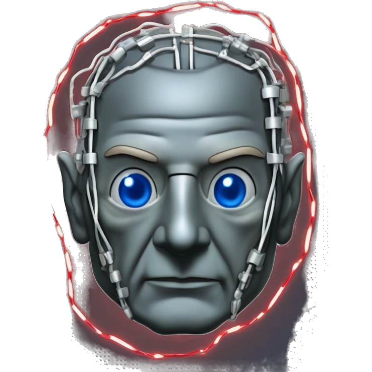 Jean luc picard from Star Trek assimilated by the Borg, with mechanical metal covering the left side of his face, with wires and a red light on the left side. His eyes are blue emoji