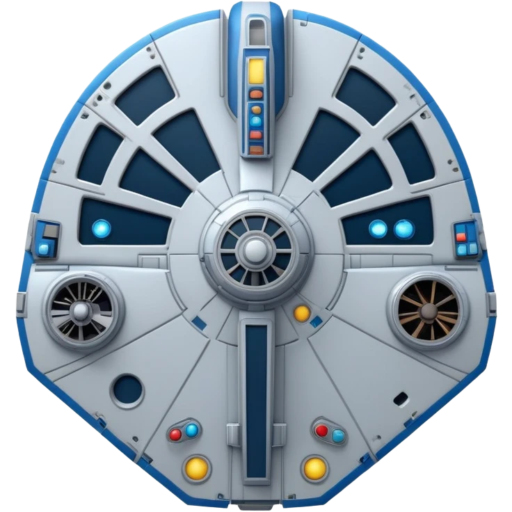 Millennium Falcon from Star Wars, emoji style, spaceship with surface details, panels, antenna, circular cockpit, blue lights, oval shape, metallic colors, very recognizable emoji