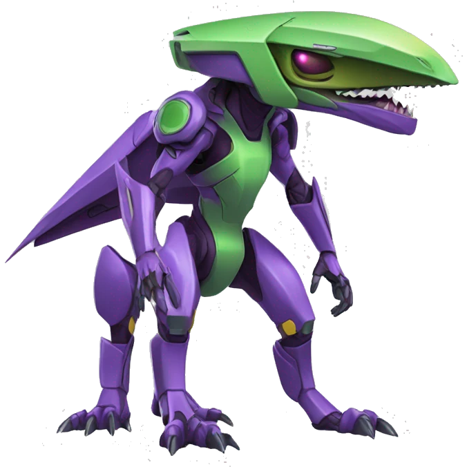 a purple-green Genesect-Raptor-Fakémon—hybrid with a futuristic visor-helmet full body emoji