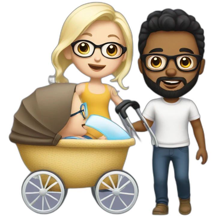Black haired man with beard and glasses pushing buggy with blonde baby emoji