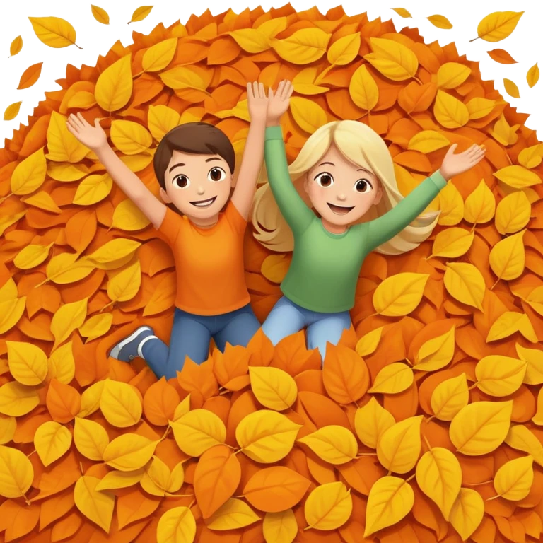 two children mid-air above a big pile of orange and yellow leaves, smiling faces emoji