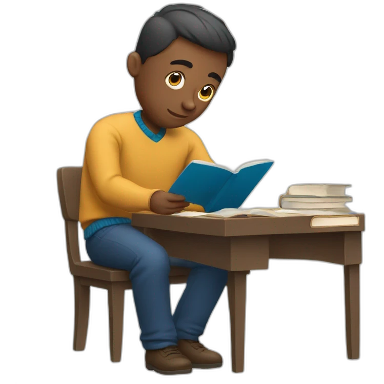 Man in blue sweater studying emoji