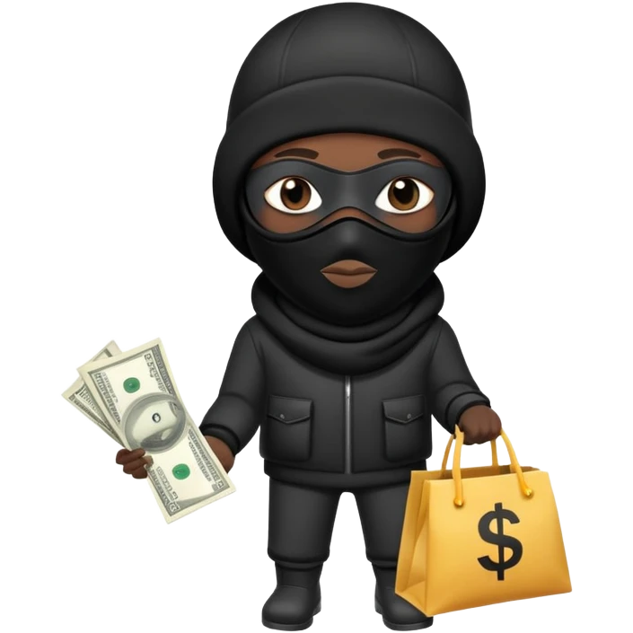 Black Ski mask holding bags of money with  skin color black emoji