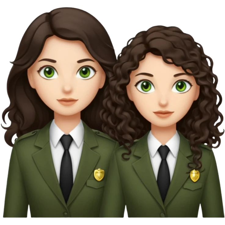 Two besties as agents, 1: long ironed straight darkbrown hair, green eyes, 2: long curly darkbrown hair, brown eyes  emoji