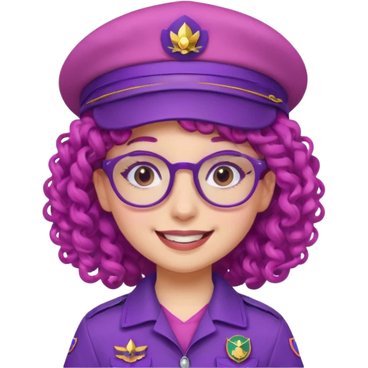 scout girl with pink scout uniform including hat, purple curly haired and glassess emoji