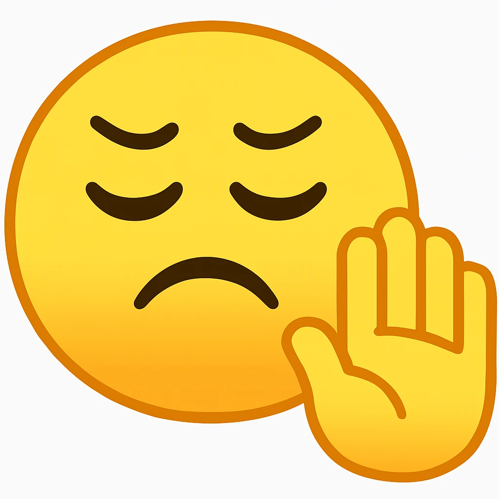 Create a regular yellow emoji with an offended expression. The emoji should have closed eyes, raised brows, and a frown. One hand is raised in a 'stop' or 'refuse' gesture. The style should be classic emoji style, clean and simple, inspired by the reference image. emoji