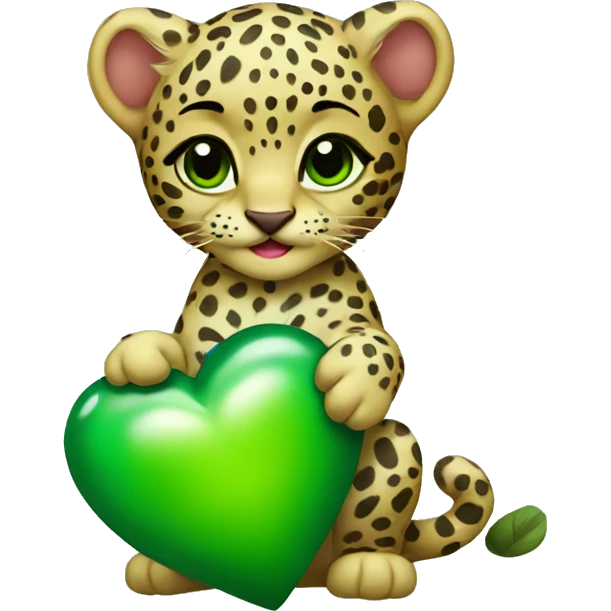 Baby leopard holding a green heart emoji