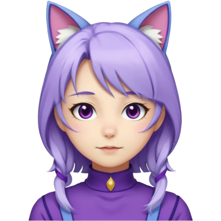 female anime character with long white and periwinkle hair and cat ears on her head. She is wearing a purple outfit with a high neckline and long sleeves.  emoji