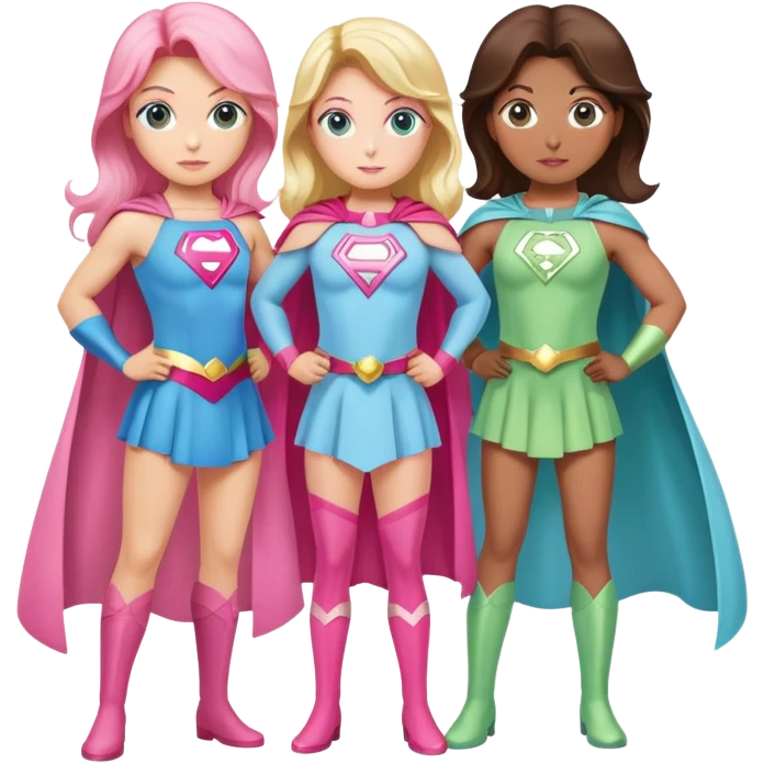 three superhero girls standing together - one in light blue costume, one in pink costume, and one in light green costume emoji
