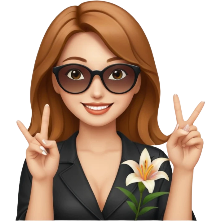 Professional sexy woman smiling holding lilies posing in shades  and flashing peace sign fingers emoji