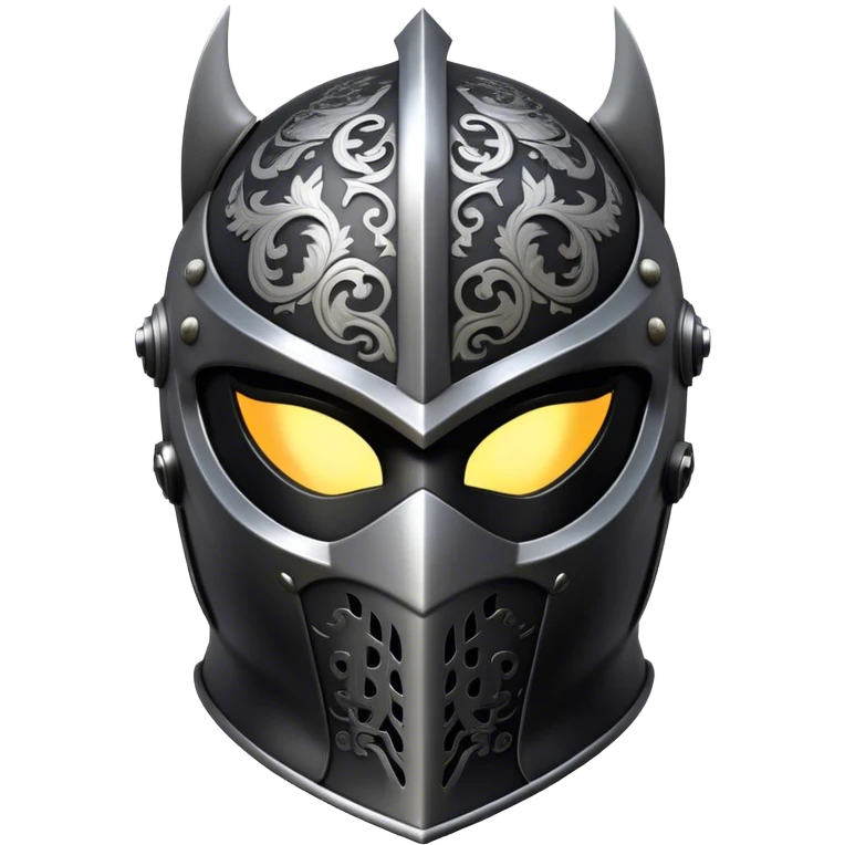 A masked man knight with intricate black engravings on his steel helmet, eyes glowing with fury emoji