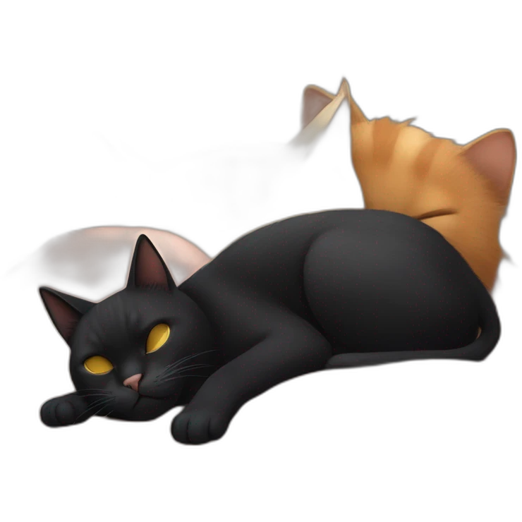 black cat causing havoc with tricolor cat sleeping besides emoji