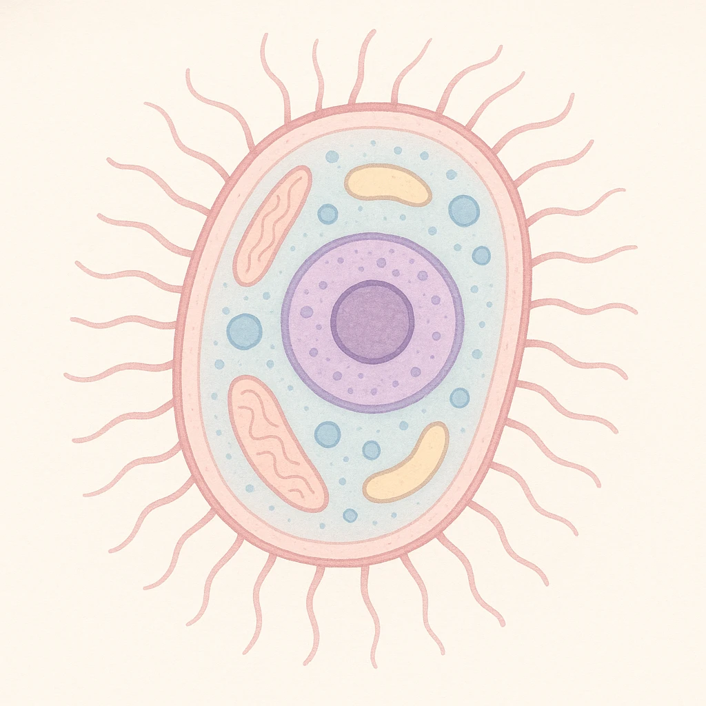 bacteria with visible nucleus and organelles, pastel colors, gentle contrast emoji