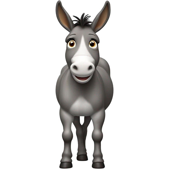 Full body miniature donkey with a happy face smiling with its head turned no white stripe softer eyes  emoji
