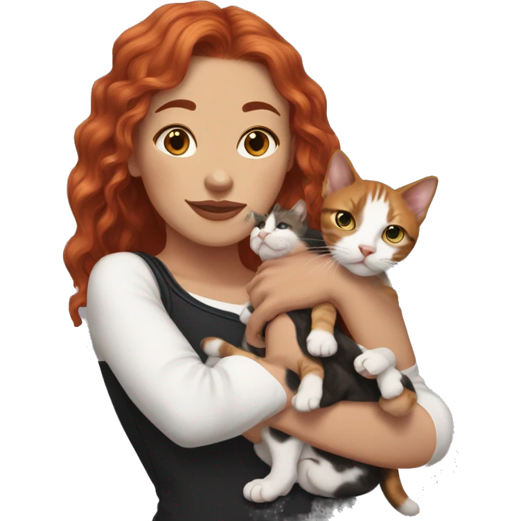 Long Red haired woman with septum piercing holding black and white English Staffordshire puppy and tabby kitten emoji