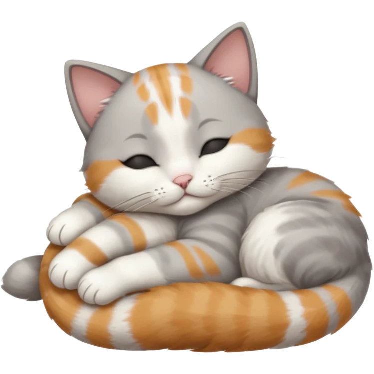1 grey and white small cat with its eyes closed lying down leaning on his elbow with his paw curled under his head holding it up emoji