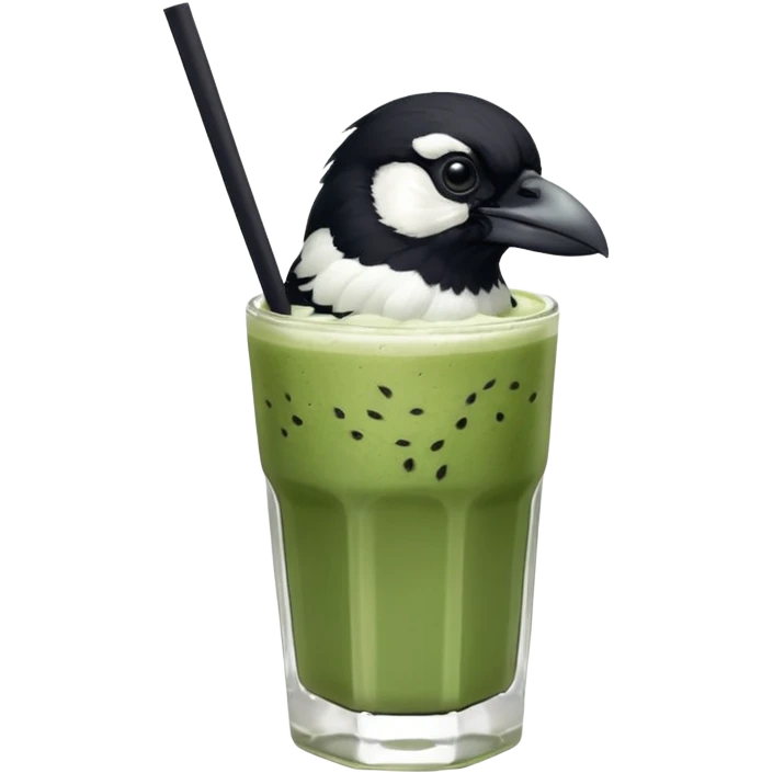  ONE Australien Magpie (just black and white feathers) sitting on an iced matcha latte on the edge of the glass. It has green matcha on its beak indicating it drank. The iced matxha latte is in a see through glass and white from the oat milk on the bottom and green on top… one straw and ice cubes emoji
