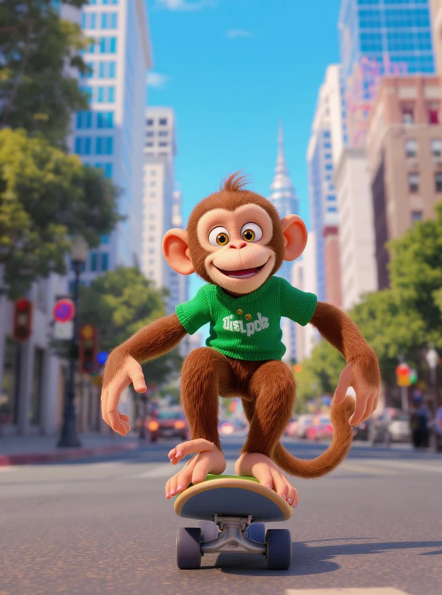 Disney style Cinematic still scane, Low angle shot, monkey dress in green outfit, monkey ride on skateboard, san francisno downtown with city lanscape, blue clean sky, captured by ARRI Alexa XT, soft cinematic lightning, back light, inspired by ToyStory 4 emoji