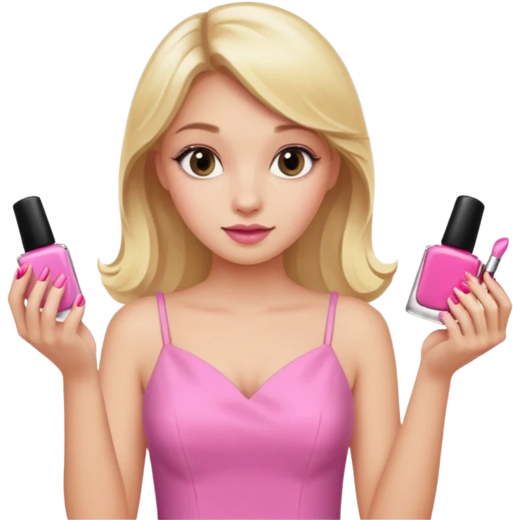A blonde girl in pink holds nail polishes in her hand emoji