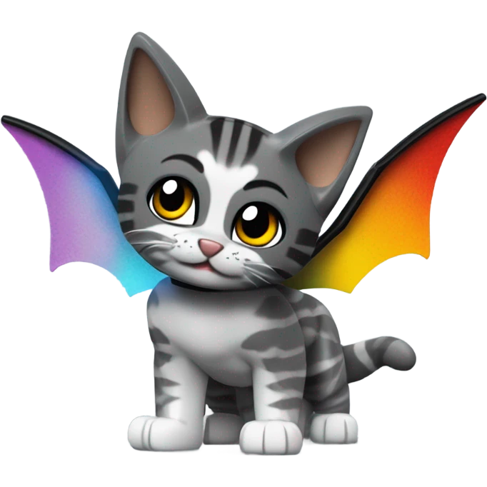 Lego Batman riding a Grey and black tabby kitten with white legs, and wings of fire  emoji