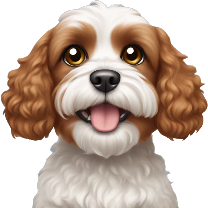 Cavoodle red brown fur with black eyes and white belly and paws emoji