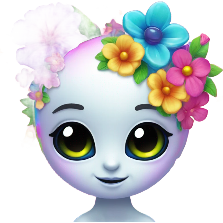 Lisa frank rainbow alien with big oval head and big black eyes with flowers emoji