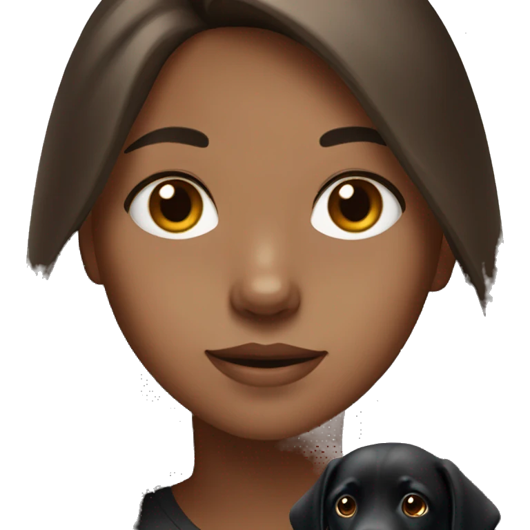 Girl with long brown hair and brown eyes and a black lab emoji
