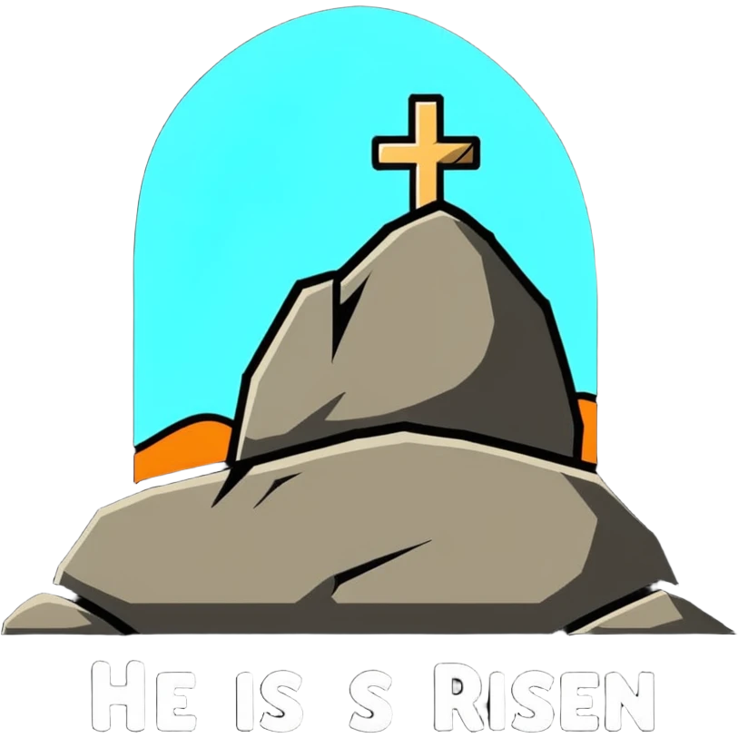 An empty tomb with stone rolled away and "He is risen" text emoji