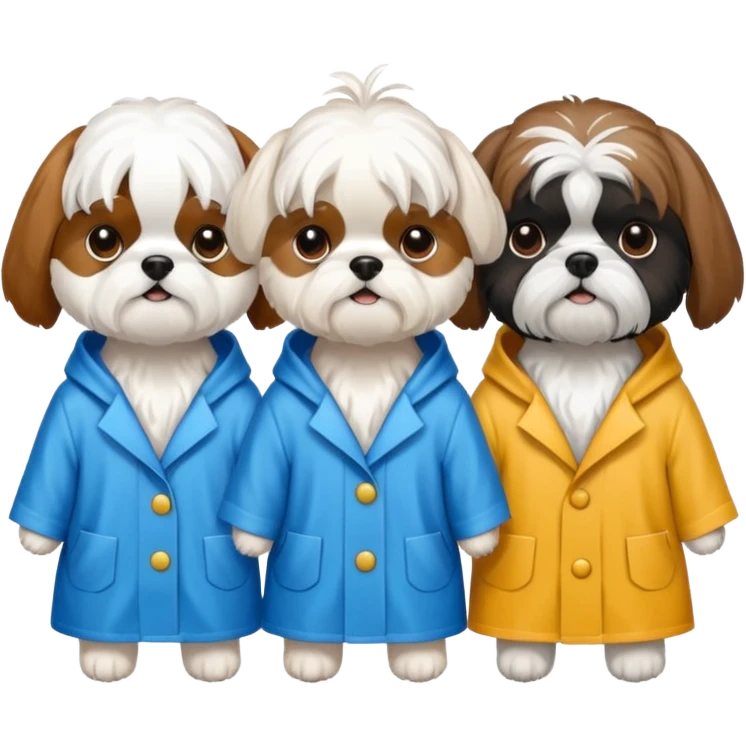 3 dogs wearing rain coats, one white maltese, 1 brown tri colour shihtzu and 1 black and white shitzu emoji