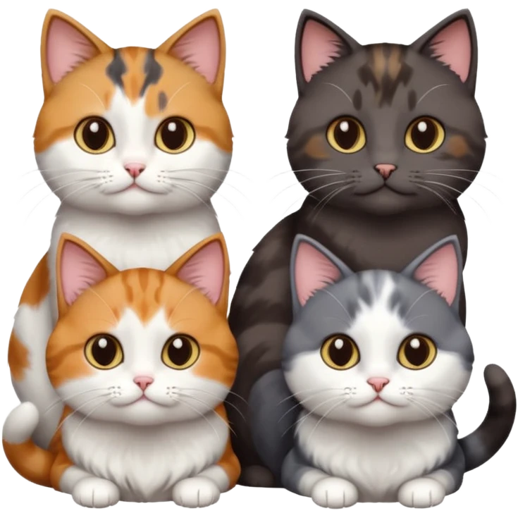 4 different coloured short haired cats including; a dark brown and white cat, and a dark grey and white, and a calico emoji