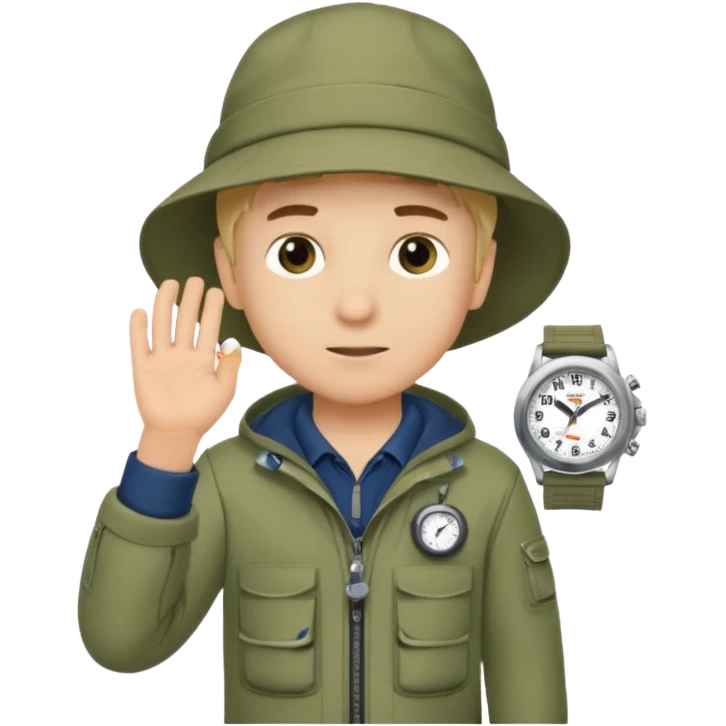 Boy in fishing suit looking at his wristwatch emoji